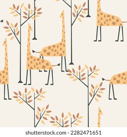 Giraffes eating tree leaves in the wild with light and bright color- seamless pattern illustration simple design