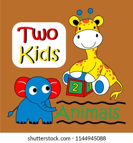 giraffes and elephants cartoon vector illustration for printing