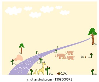 Giraffes and elephants with river on desert illustration vector cartoon style