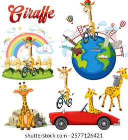 Giraffes exploring various locations and activities worldwide