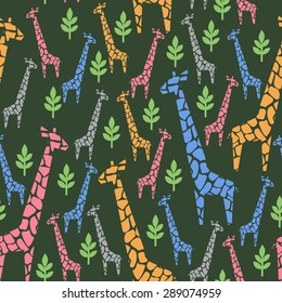 Giraffes family seamless pattern. Safari animal background. Retro style colors illustration savannah. Jungle animals with tropical plants print. Safari travel concept .