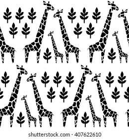 Giraffes family seamless pattern. Safari animal background. Black and white illustration savannah. Jungle animals with tropical plants print. Happy family concept - father, mother, baby.