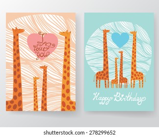 Giraffes family two cute birthday cards.