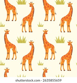 Giraffes in flat style on light background seamless pattern