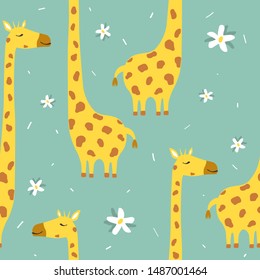 Giraffes, flowers, hand drawn backdrop. Colorful seamless pattern with animals. Decorative cute wallpaper, good for printing. Overlapping background vector. Design illustration