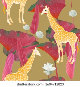 Giraffes, flowers and magenta,hot pink tropic palm leaves on a sage, ochre background. Seamless vector illustration. Picture with exotic animals of the african savannah. Endless pattern. EPS 10
