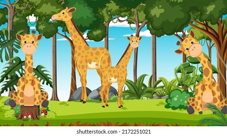 Giraffes in the forest scene illustration