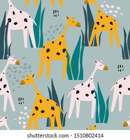 Giraffes in grass, hand drawn backdrop. Colorful seamless pattern with animals. Decorative cute wallpaper, good for printing. Overlapping background vector. Design illustration