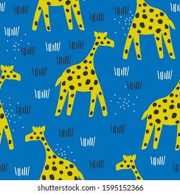 Giraffes in grass, hand drawn backdrop. Colorful seamless pattern with animals. Decorative cute wallpaper, good for printing. Overlapping background vector. Design illustration