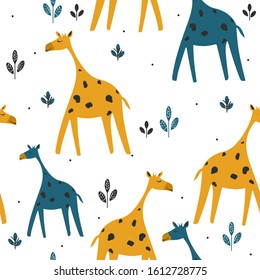 Giraffes in grass, hand drawn backdrop. Colorful seamless pattern with animals. Decorative cute wallpaper, good for printing. Overlapping background vector. Design illustration