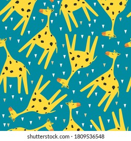 Giraffes, hand drawn backdrop. Colorful seamless pattern with animals. Decorative cute wallpaper, good for printing. Overlapping background vector. Design illustration