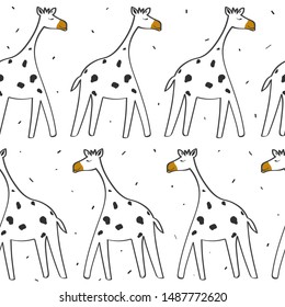Giraffes, hand drawn backdrop. Seamless pattern with animals. Decorative cute wallpaper, good for printing. Overlapping background vector. Design illustration