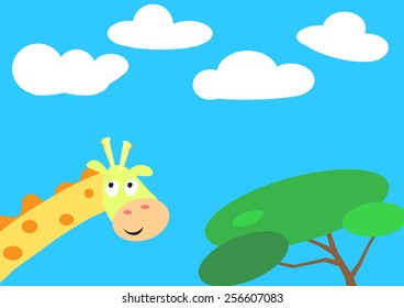 Giraffe's head near a tree. Vector illustration