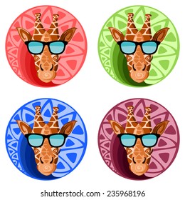 Giraffes heads with sunglasses on color background.