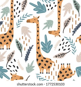 Giraffes, leaves, hand drawn backdrop. Colorful seamless pattern with animals. Decorative cute wallpaper, good for printing. Overlapping background vector. Design illustration