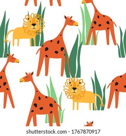 Giraffes, lions in grass, hand drawn backdrop. Colorful seamless pattern with animals. Decorative cute wallpaper, good for printing. Overlapping background vector. Design illustration