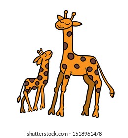 Giraffes mother and cub. Children's illustration. Handwork. Wild animals. Africa. Cartoon. Isolated objects on a white background.