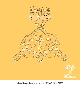 Giraffes on a yellow background are happy with each other. They hug and hug. Cartoon. Vector stock illustration