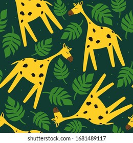 Giraffes, palm leaves, hand drawn backdrop. Colorful seamless pattern with animals. Decorative cute wallpaper, good for printing. Overlapping background vector. Design illustration