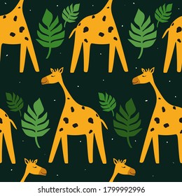 Giraffes and palm leaves, hand drawn backdrop. Colorful seamless pattern with animals. Decorative cute wallpaper, good for printing. Overlapping background vector. Design illustration