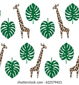 Giraffes and palm leaves seamless pattern on white background. Jungle animals with tropical plants print. Fashion safari design for textile, wallpaper, fabric.