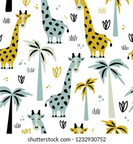 Giraffes and palm trees, hand drawn backdrop. Colorful seamless pattern with animals. Decorative cute wallpaper, good for printing. Overlapping background vector. Design illustration