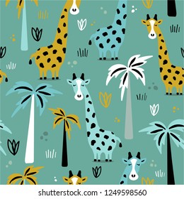 Giraffes and palm trees, hand drawn backdrop. Colorful seamless pattern with animals. Decorative cute wallpaper, good for printing. Overlapping background vector. Design illustration