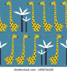 Giraffes and palm trees, hand drawn backdrop. Colorful seamless pattern with animals. Decorative cute wallpaper, good for printing. Overlapping background vector. Design illustration