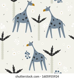 Giraffes and palm trees, hand drawn backdrop. Colorful seamless pattern with animals. Decorative cute wallpaper, good for printing. Overlapping background vector. Design illustration