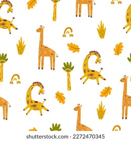 Giraffes and palm trees seamless pattern. Tropical jungle background. Perfect for printing baby clothes, textiles fabrics. Vector cartoon illustration. 