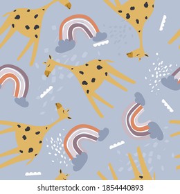 Giraffes, rainbow, hand drawn backdrop. Colorful seamless pattern with animals. Decorative cute wallpaper, good for printing. Overlapping background vector. Design illustration