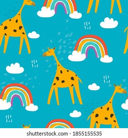 Giraffes, rainbow, hand drawn backdrop. Colorful seamless pattern with animals. Decorative cute wallpaper, good for printing. Overlapping background vector. Design illustration
