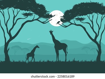 jirafas en la sabana con luna llena por la noche. Ilustración del vector