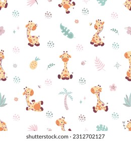 Giraffes seamless pattern, nursery adorable fabric print. Children giraffe characters, baby animals background. Jungle nowaday vector texture design