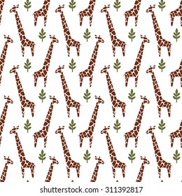 Giraffes seamless pattern. Safari animal background. Wild animals with tropical plants print.