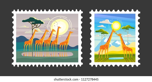 Giraffes. Stamp. Landscape with animals