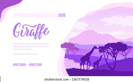 Giraffes stretching necks to leaves of baobab on savanna background with mountains, thickets, river. Wildlife of Africa. Family of giraffes silhouettes: mother and baby. Design for tourist projects.