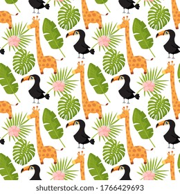 Giraffes, toucans and palm leaves seamless pattern. Jungle animals with tropical plants print. Fashion safari design for textile, wallpaper, fabric. Vector illustration