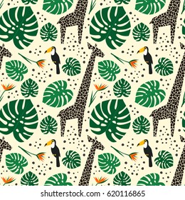 Giraffes, toucans and palm leaves seamless pattern on white background. Jungle animals with tropical plants print. Fashion safari design for textile, wallpaper, fabric.