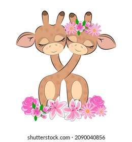 Giraffes Valentines Day entwined necks Couple of cute lovers giraffes with closed eyes with cute eyelashes with flowers beautiful picture