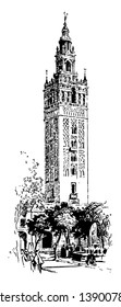 Giralda is a mosque in Seville, built as a minaret during the Moorish period, height and remains one of the most important symbols, vintage line drawing or engraving illustration.