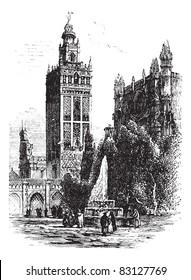 Giralda in Seville, Spain, during the 1890s, vintage engraving.  Old engraved illustration of Giralda with Cathedral of Seville. Trousset encyclopedia (1886 - 1891).