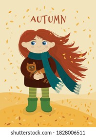 Giri with a cat in autumn. Cute vector illustration in flat style. Autumn postcard, banner, print