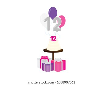 Girl 12th birthday vector illustration. birthday cake, balloons and gift box