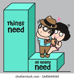 Girl With 3D Bar Graph Of Things Need And All Really Need, Which Is Her Lover And Snacks Only Concept Card Character illustration