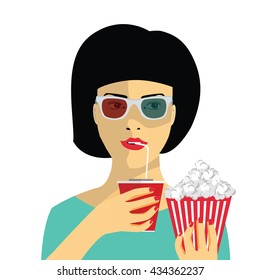 Girl with 3d glasses, holding soda and popcorn vector. 