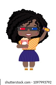 girl in 3D glasses, with a ticket to the cinema and popcorn. in summer clothes, with dark skin, t-shirt and skirt, happy and smiling, with black curly hair, cartoon style