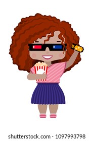 girl in 3D glasses, with a ticket to the cinema and popcorn. in summer clothes, t-shirt and skirt, happy and smiling, with red curly hair, cartoon style