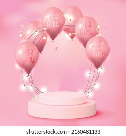 It's a girl 3d space. Empty pink room with pink podium, glowing wired lights arch, balloons. Scene mockup for advertising, promotional sales, cosmetics ads. Minimal concept with vector illustration.