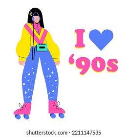 A girl in the 90s or 80s rides roller skates. A fashionable woman in bright retro clothes listens to a player and dances